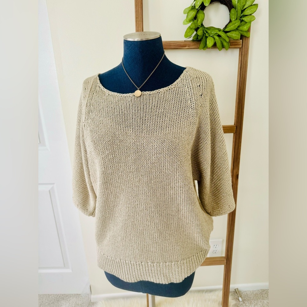 Chico's Tan Gold Shimmer Metallic Open Knit Short Sleeve Sweater Size Large